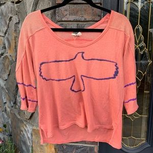 Free People Terracotta Orange and Purple Eagle along Sleeve T-Shirt